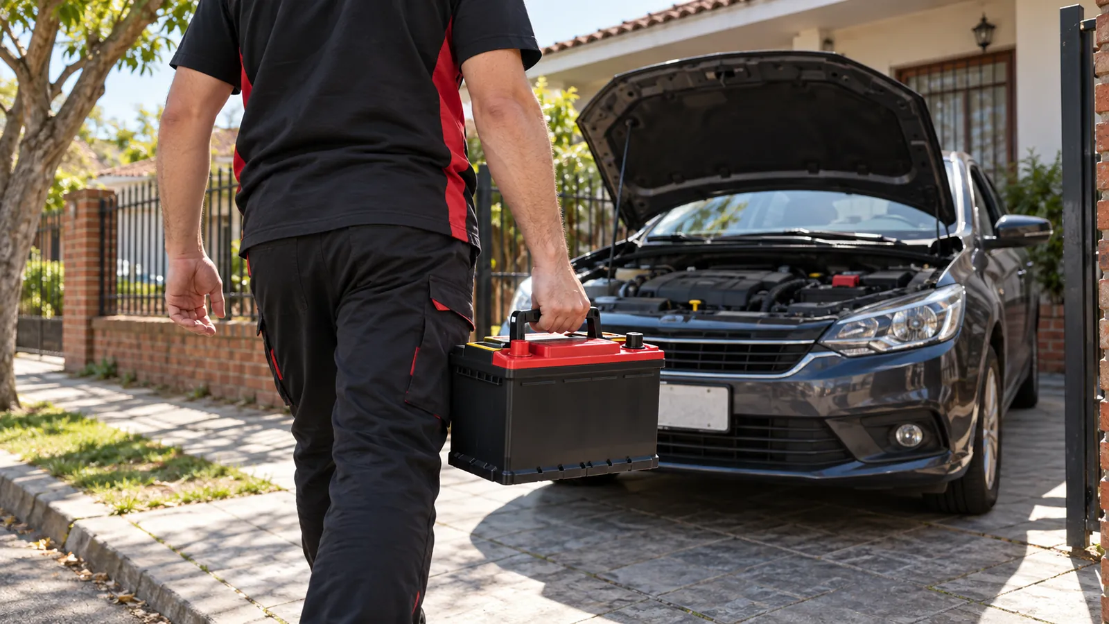 Técnico llevando una batería nueva hasta un auto con el capó abierto, frente a una casa